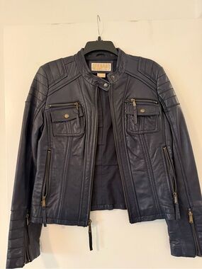 Womens Navy Leather Moto Jacket - Michael Kors